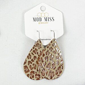 Leather Teardrop Earring "Leopard Rose Gold on Beige" - New With Tags